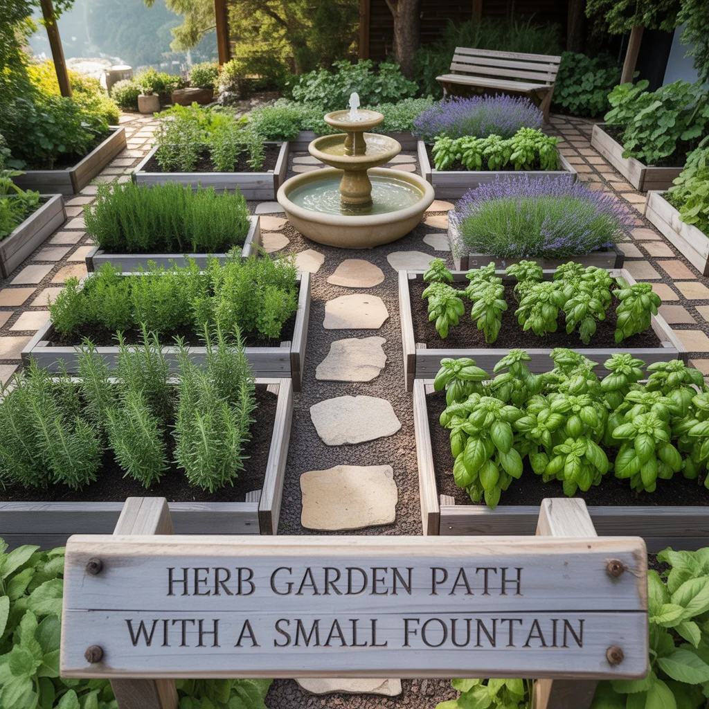 Herb Garden Path With a Small Fountain