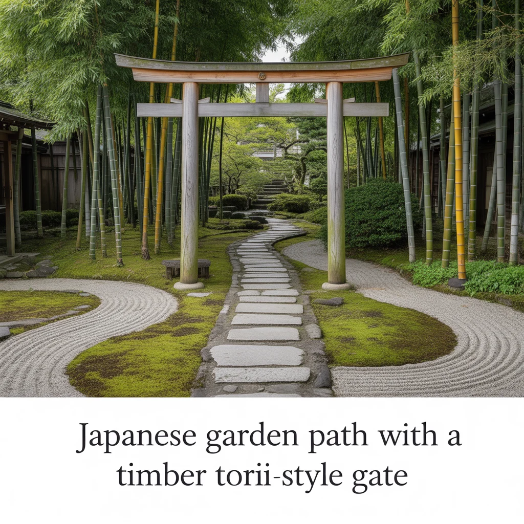 Japanese Garden Path With a Timber Torii-Style Gate