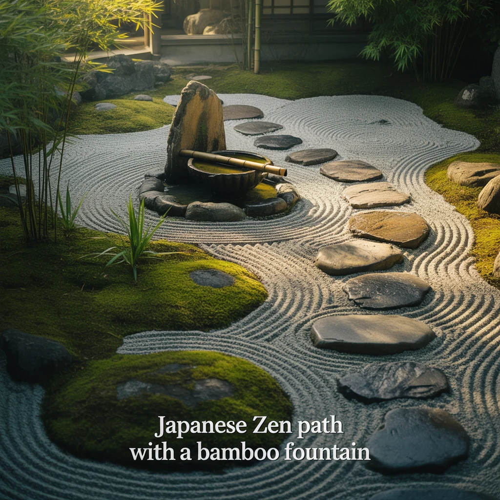 Japanese Zen Path With a Bamboo Fountain