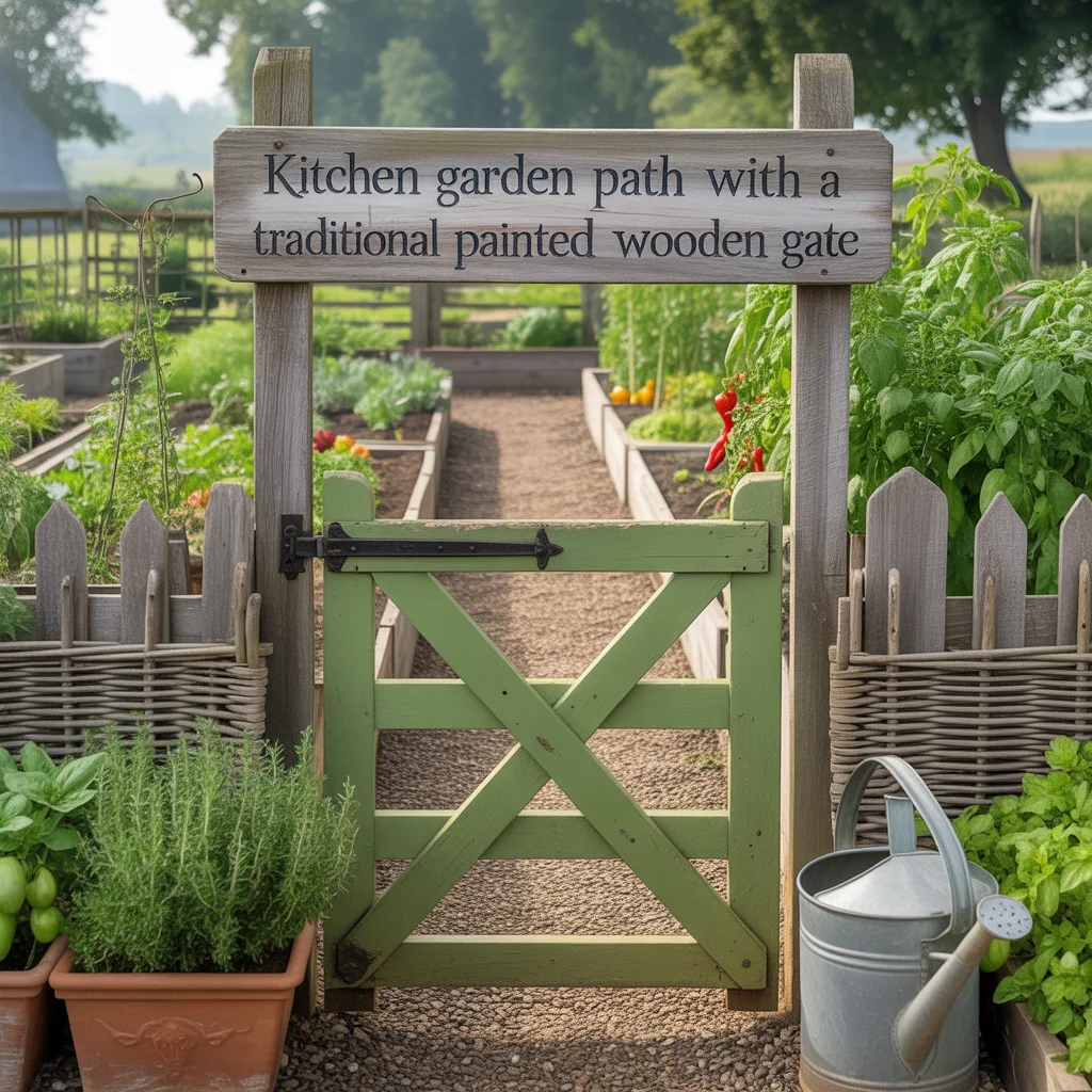 Kitchen Garden Path With a Traditional Painted Wooden Gate