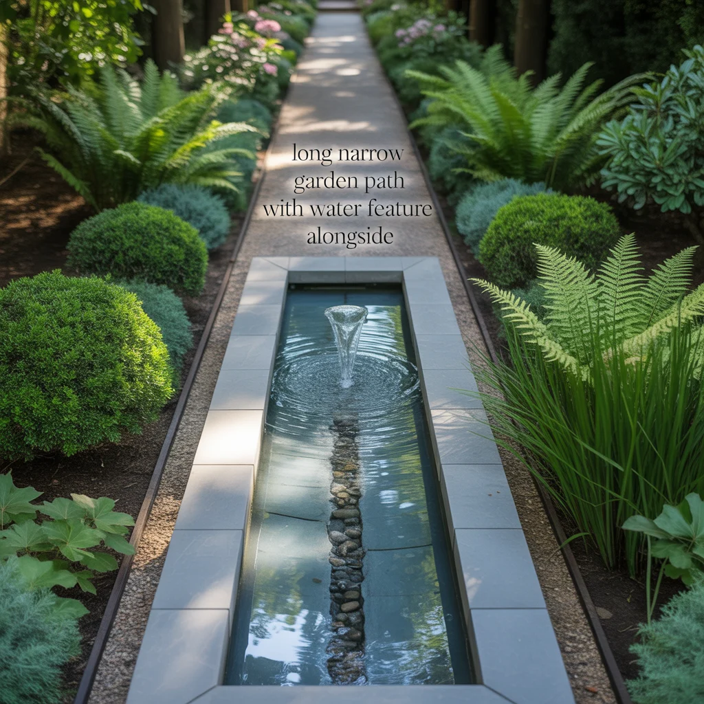 Long Narrow Garden Path With Water Feature Alongside