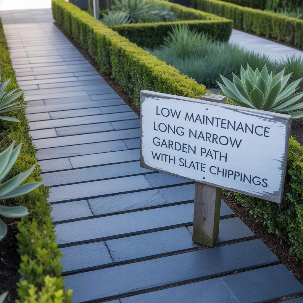Low Maintenance Long Narrow Garden Path With Slate Chippings
