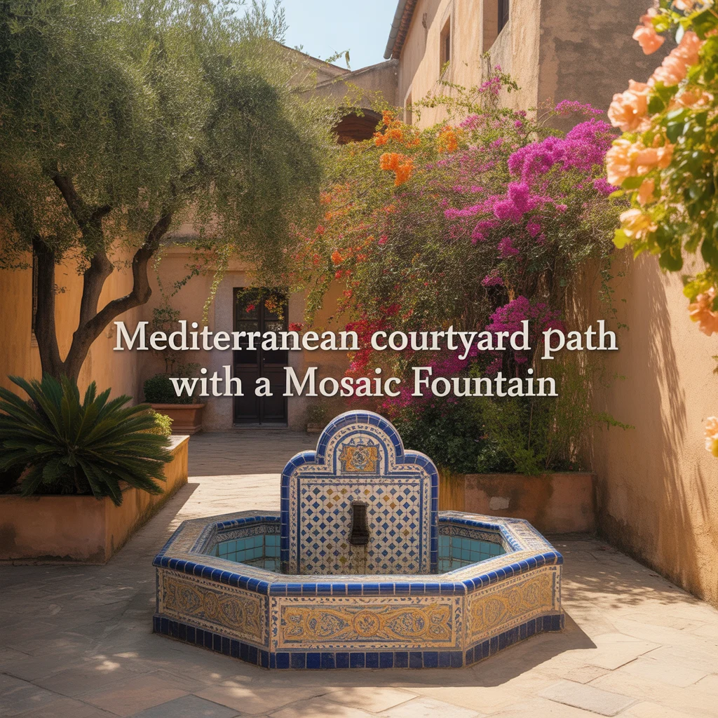 Mediterranean Courtyard Path With a Mosaic Fountain