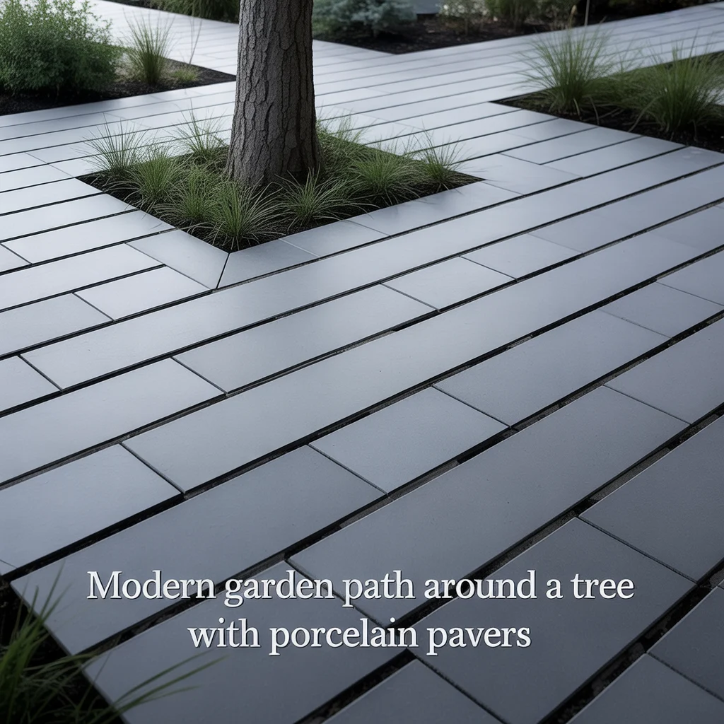 Modern Garden Path Around a Tree With Porcelain Pavers