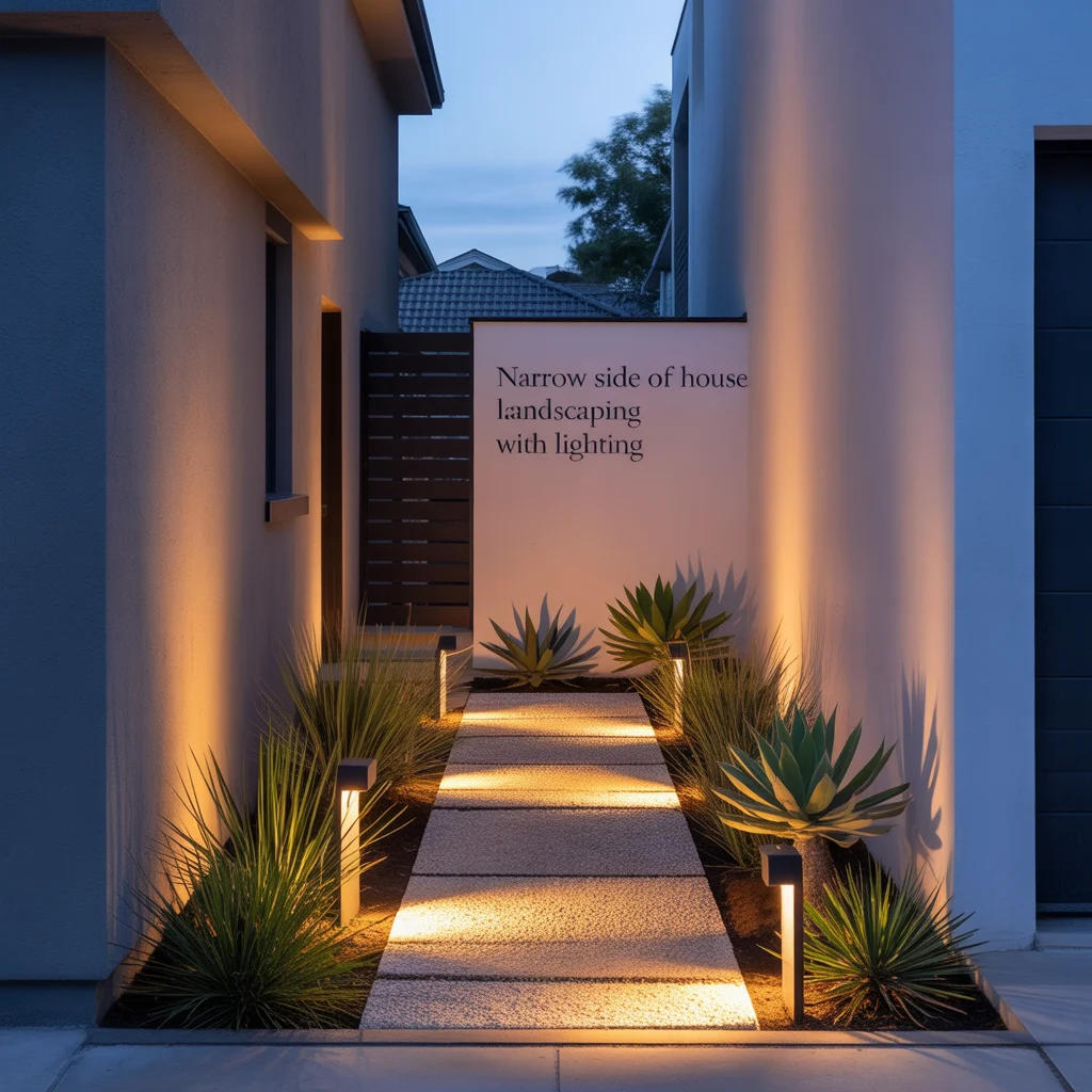 Narrow Side of House Landscaping With Lighting