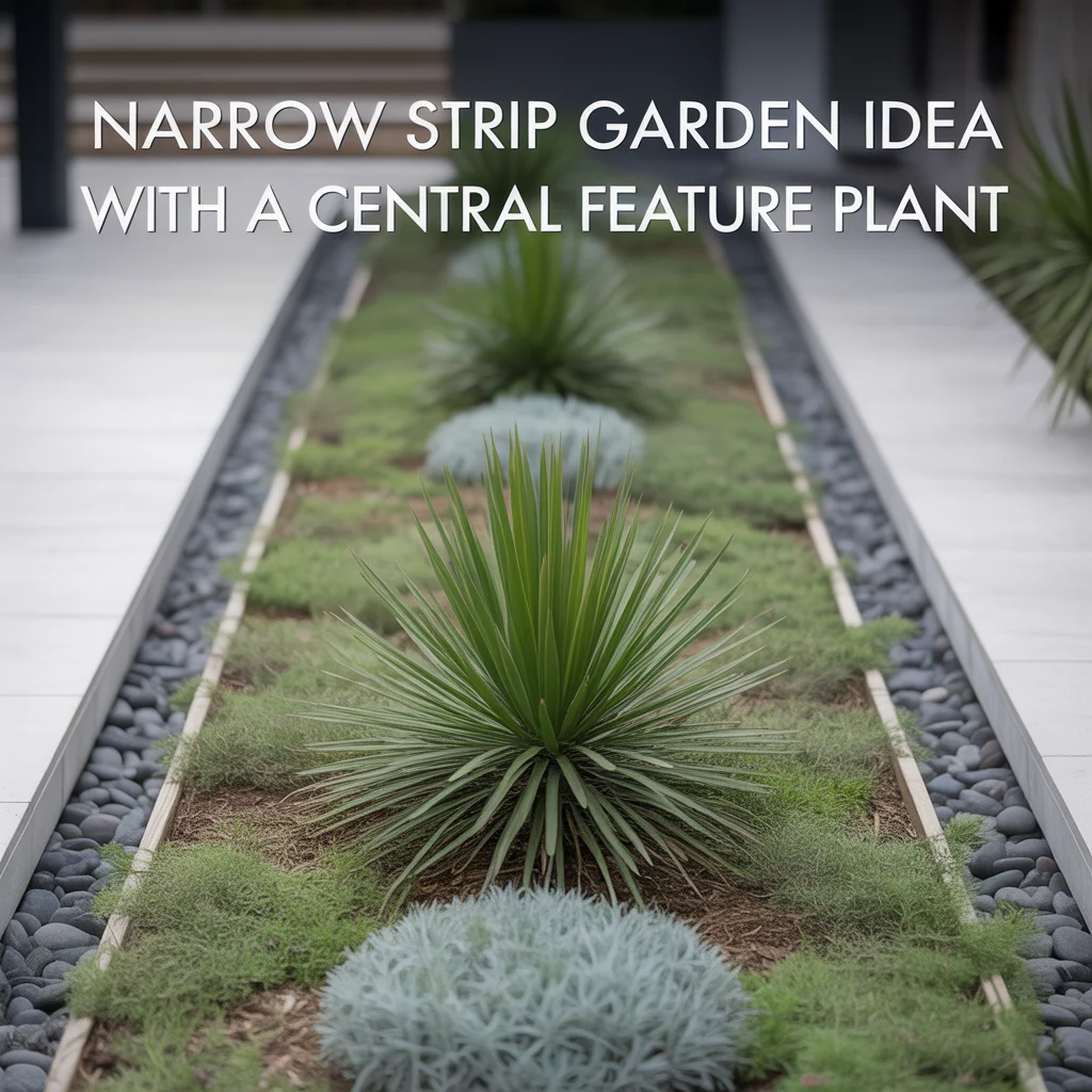 Narrow Strip Garden Idea With a Central Feature Plant