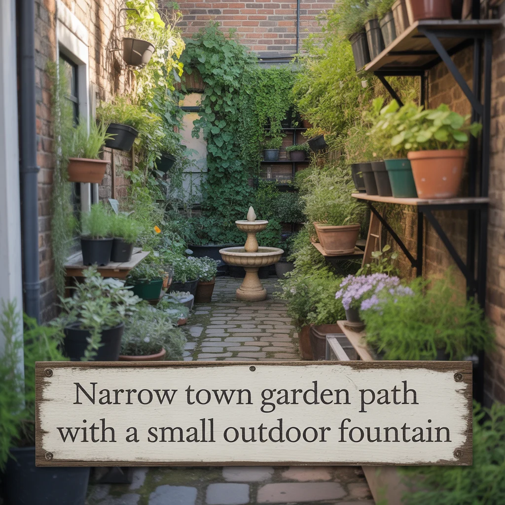 Narrow Town Garden Path With a Small Outdoor Fountain