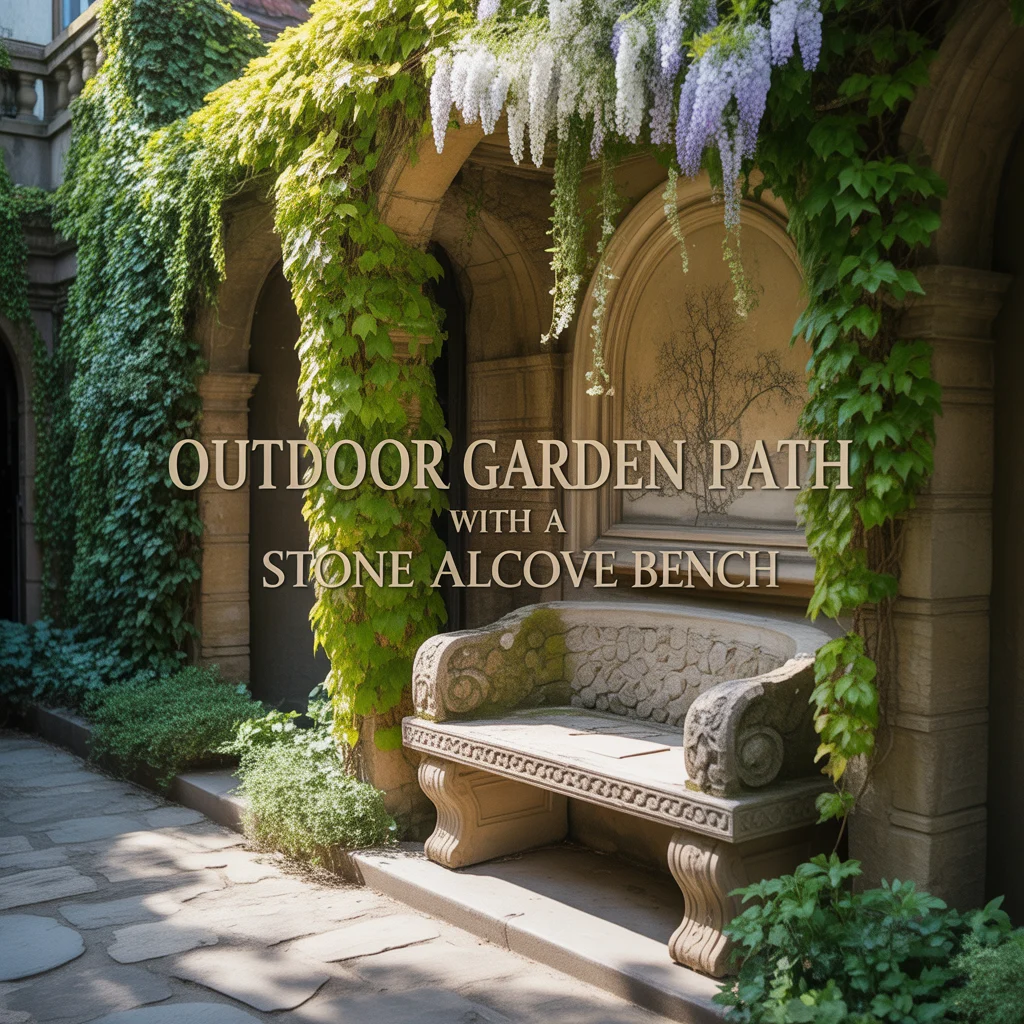 Outdoor Garden Path With a Stone Alcove Bench