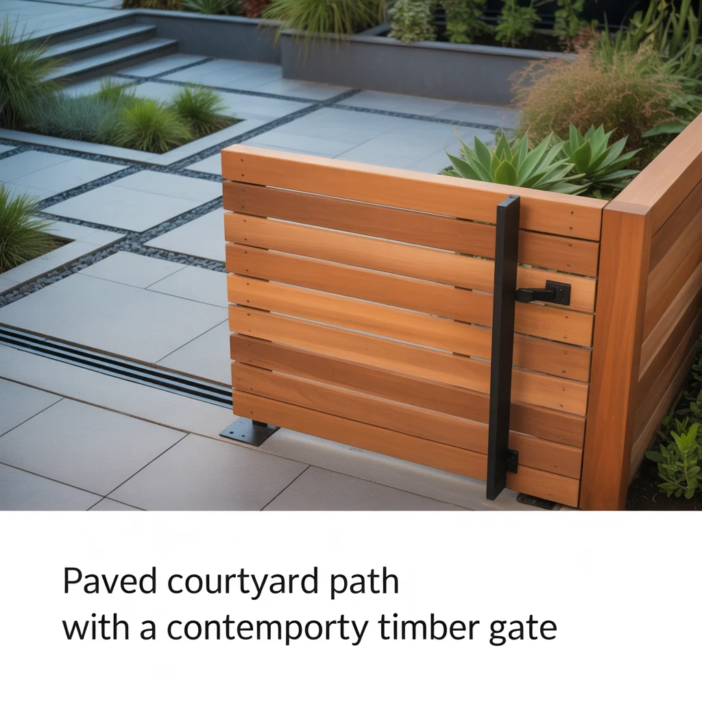 Paved Courtyard Path With a Contemporary Timber Gate