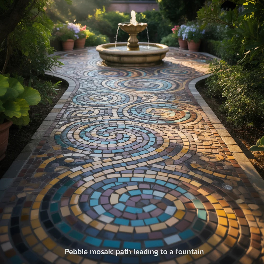 Pebble Mosaic Path Leading to a Fountain