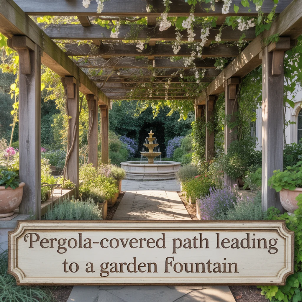 Pergola-Covered Path Leading to a Garden Fountain