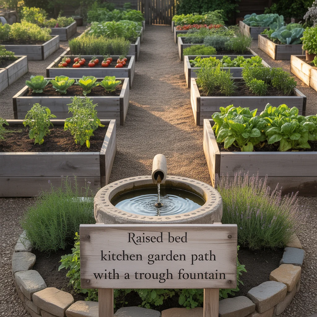 Raised Bed Kitchen Garden Path With a Trough Fountain