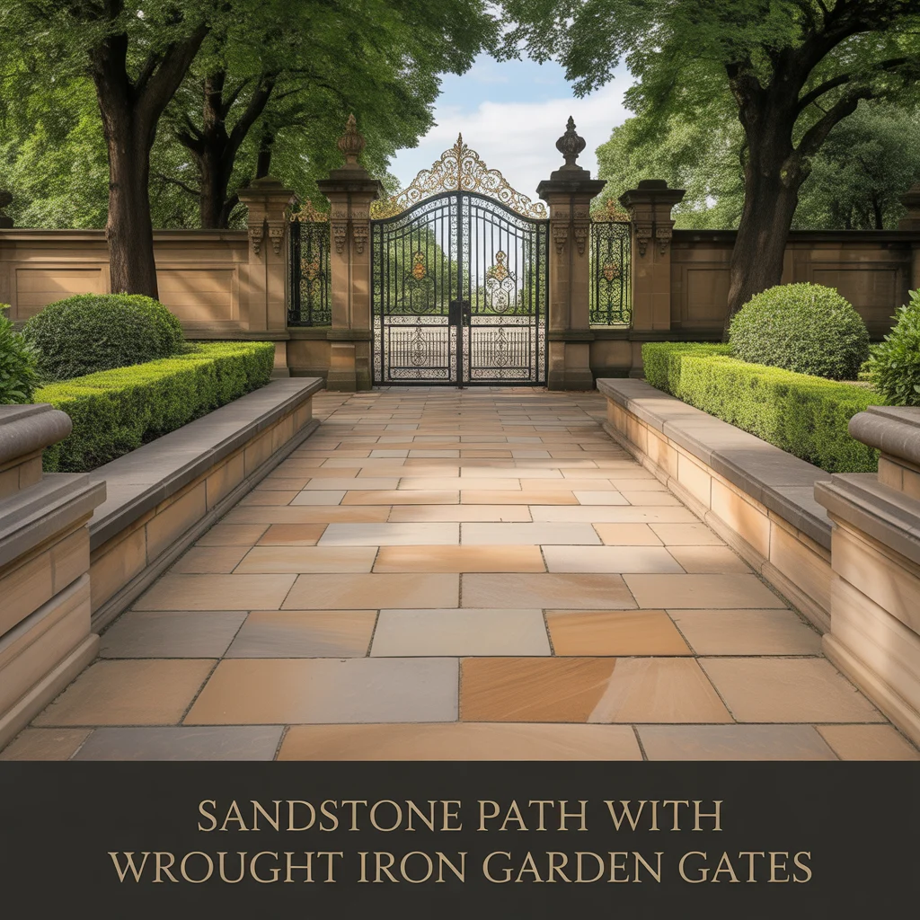 Sandstone Path With Wrought Iron Garden Gates
