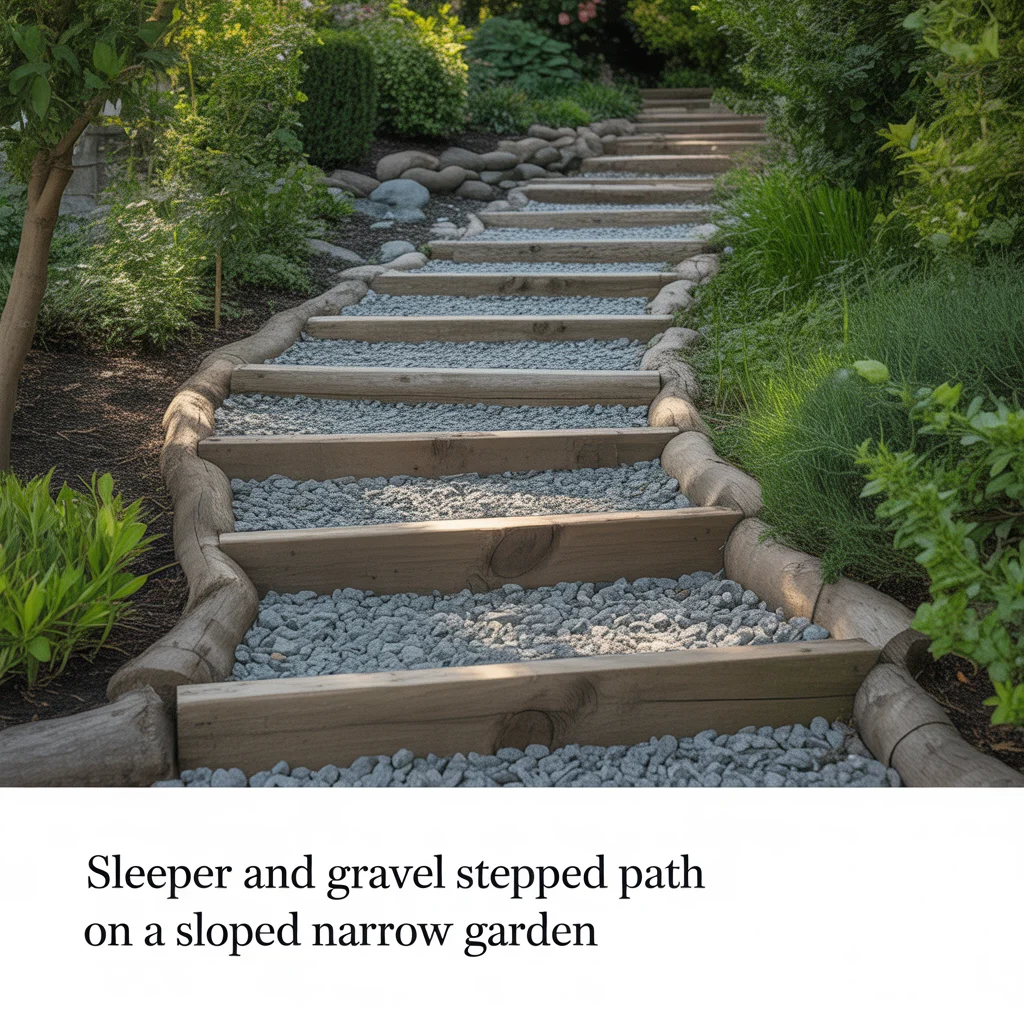 Sleeper and Gravel Stepped Path on a Sloped Narrow Garden