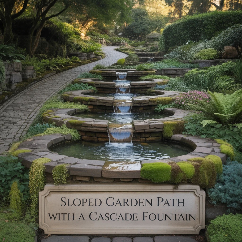 Sloped Garden Path With a Cascade Fountain
