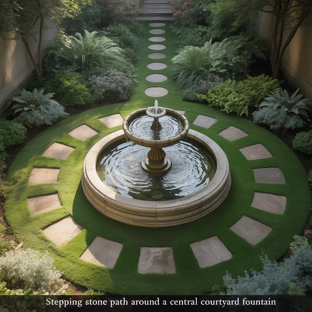 Stepping Stone Path Around a Central Courtyard Fountain