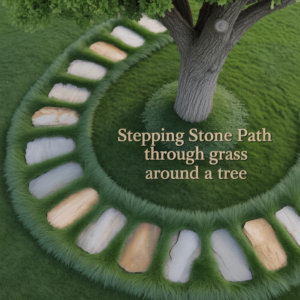 Stepping Stone Path Through Grass Around a Tree
