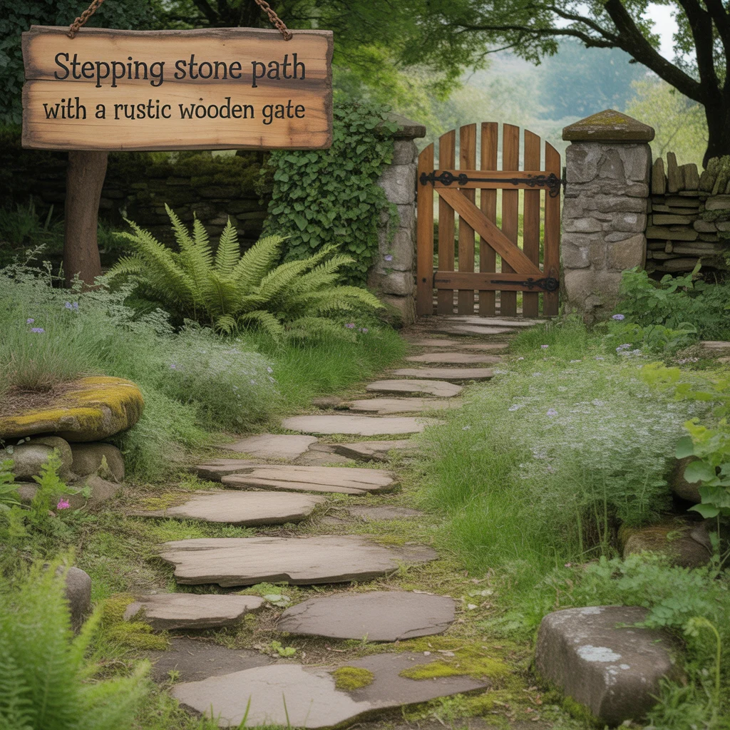 Stepping Stone Path With a Rustic Wooden Gate