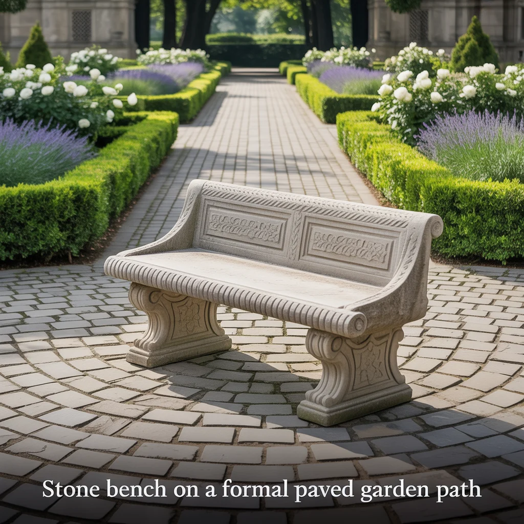 Stone Bench on a Formal Paved Garden Path
