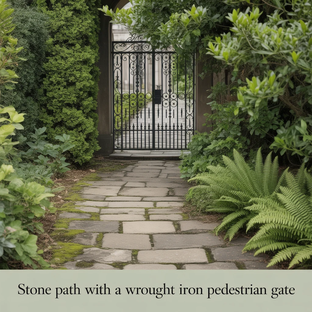 Stone Path With a Wrought Iron Pedestrian Gate