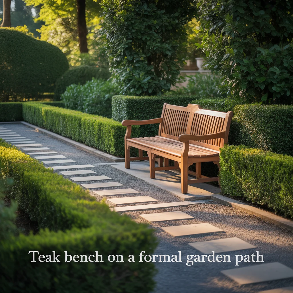 Teak Bench on a Formal Garden Path