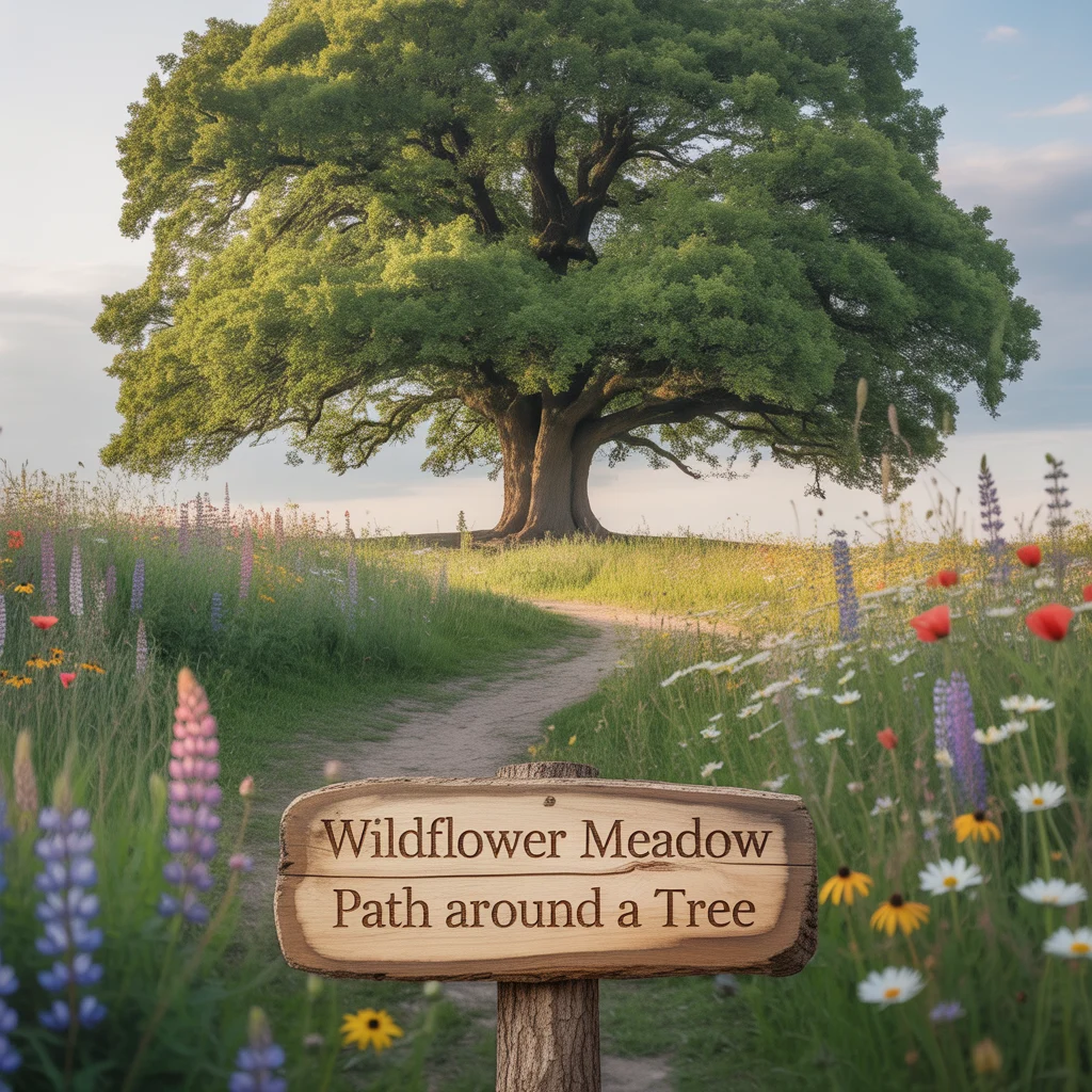 Wildflower Meadow Path Around a Tree