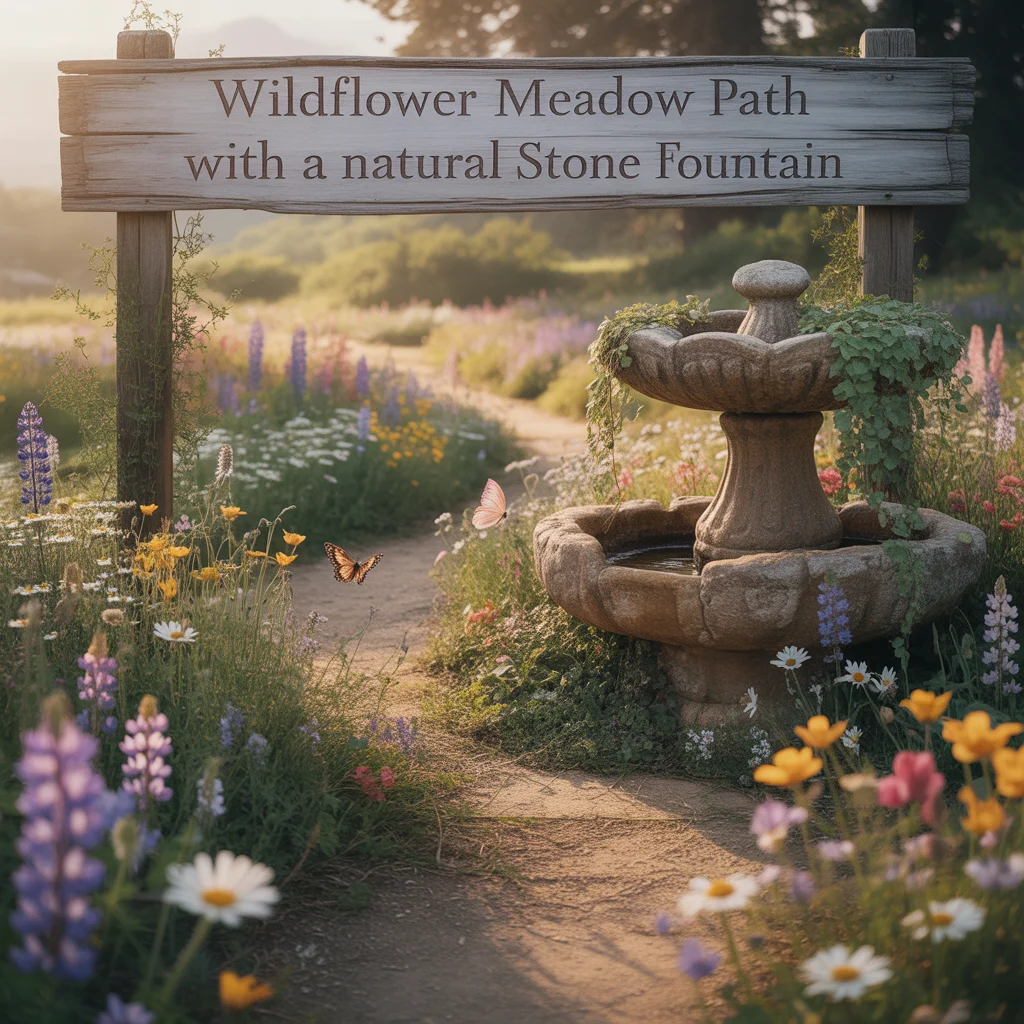 Wildflower Meadow Path With a Natural Stone Fountain