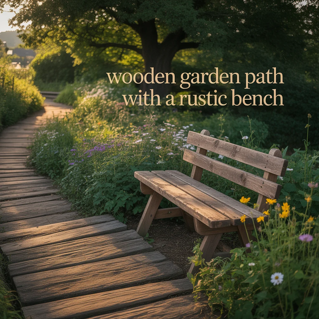 Wooden Garden Path With a Rustic Bench