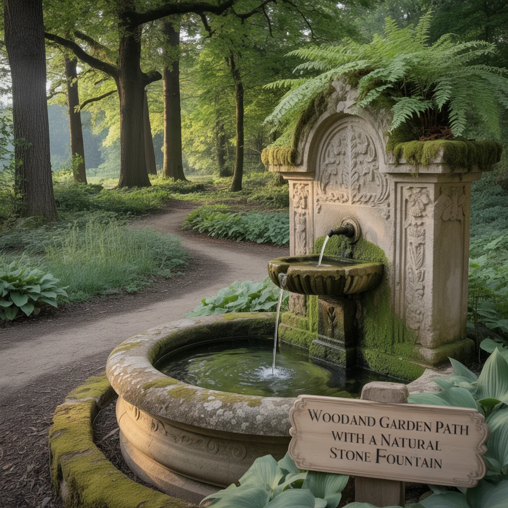 Woodland Garden Path With a Natural Stone Fountain