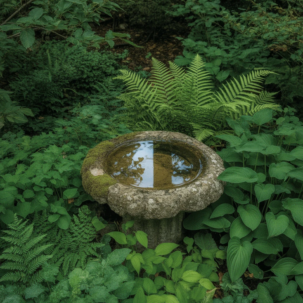 Bird Bath Surrounded by Ferns and Woodland Planting