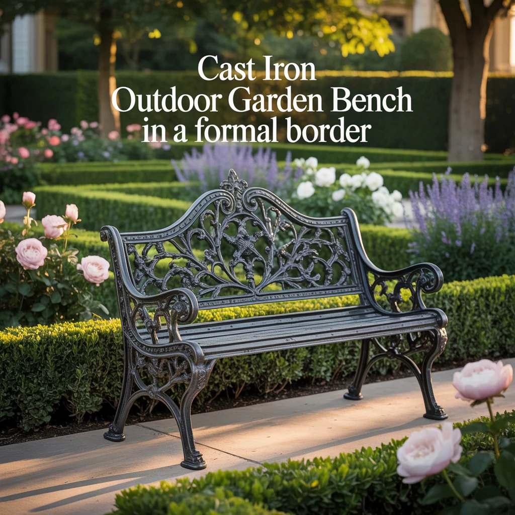Cast Iron Outdoor Garden Bench in a Formal Border
