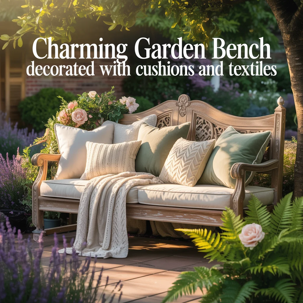 Charming Garden Bench Decorated With Cushions and Textiles