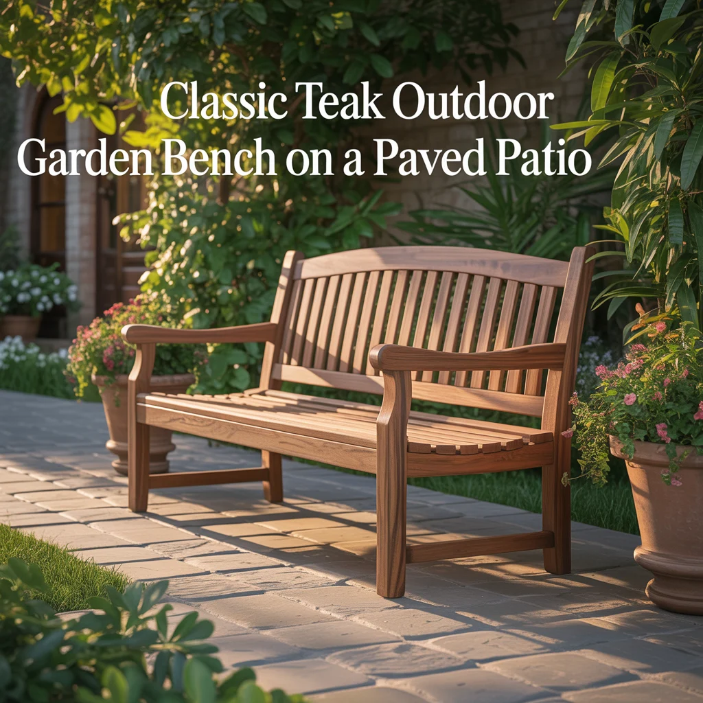 Classic Teak Outdoor Garden Bench on a Paved Patio