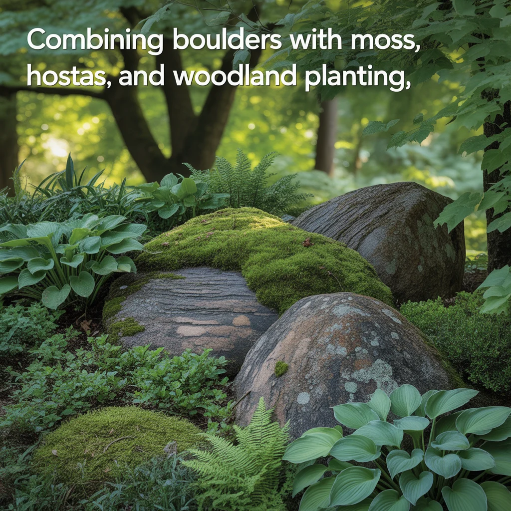 Combining Boulders With Moss, Hostas, and Woodland Planting
