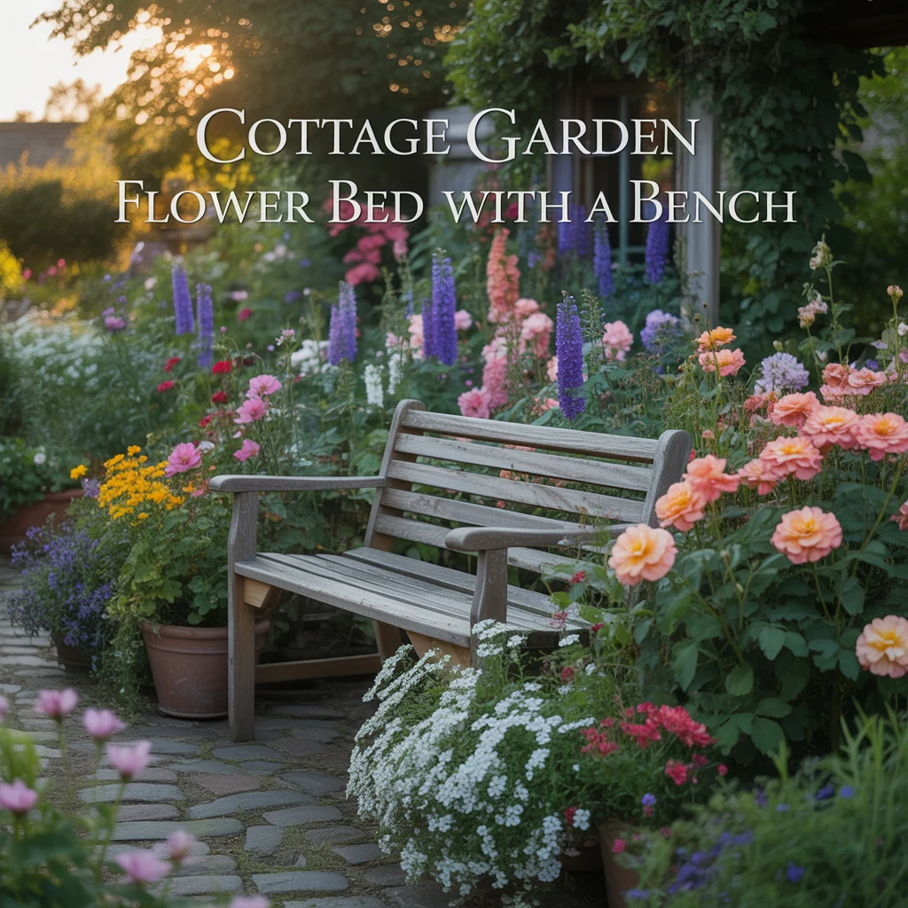Cottage Garden Flower Bed With a Bench