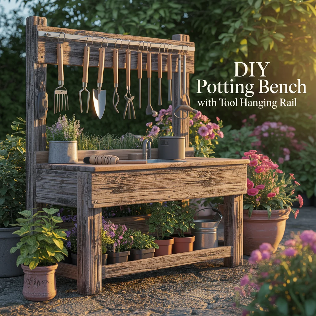 DIY Potting Bench With Tool Hanging Rail