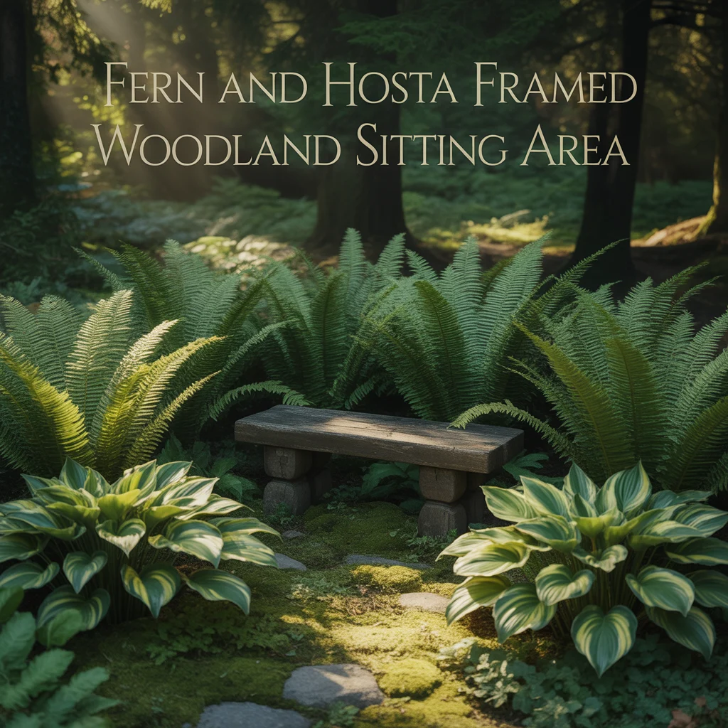 Fern and Hosta Framed Woodland Sitting Area