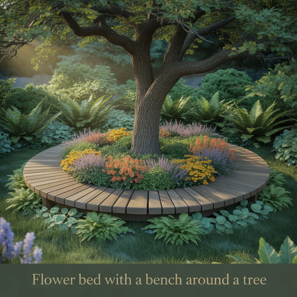 Flower Bed With a Bench Around a Tree