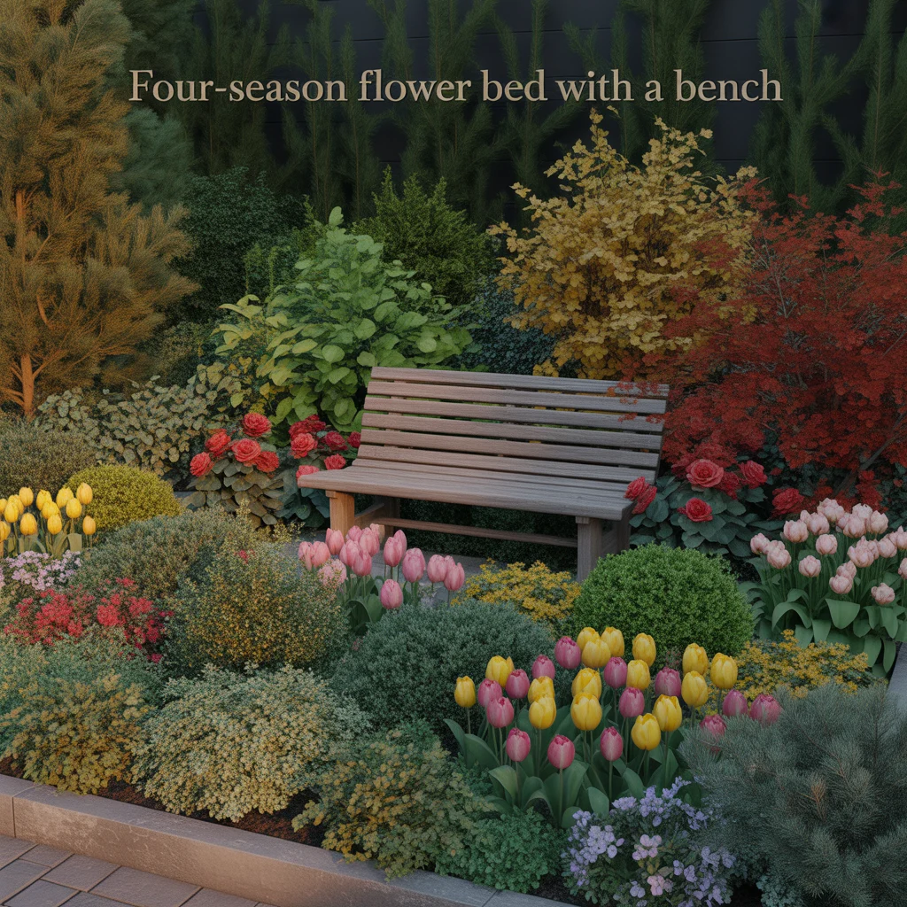 Four-Season Flower Bed With a Bench