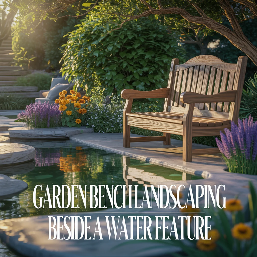 Garden Bench Landscaping Beside a Water Feature