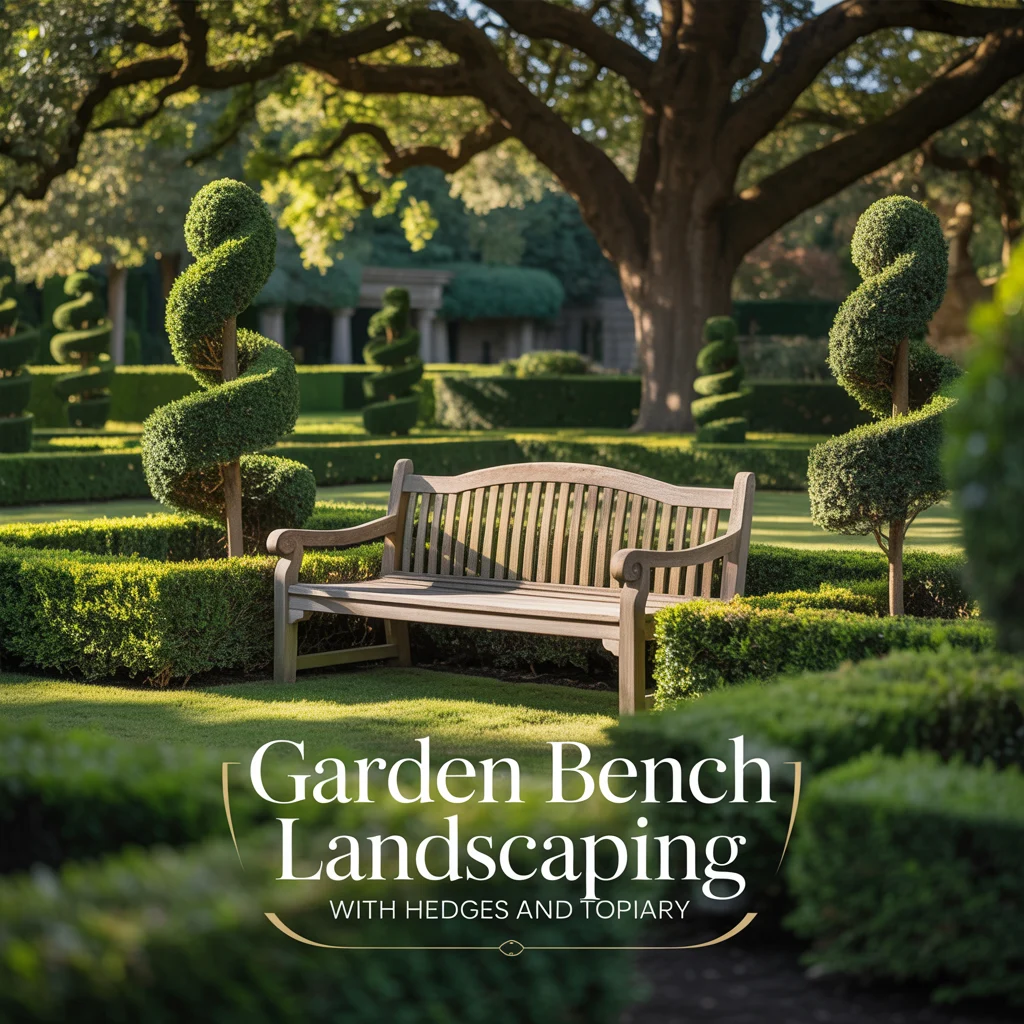 Garden Bench Landscaping With Hedges and Topiary