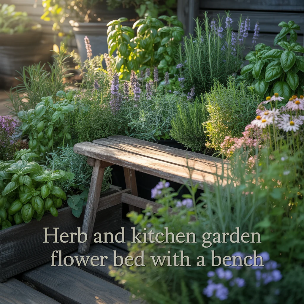 Herb and Kitchen Garden Flower Bed With a Bench