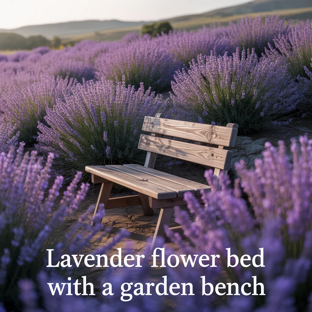 Lavender Flower Bed With a Garden Bench