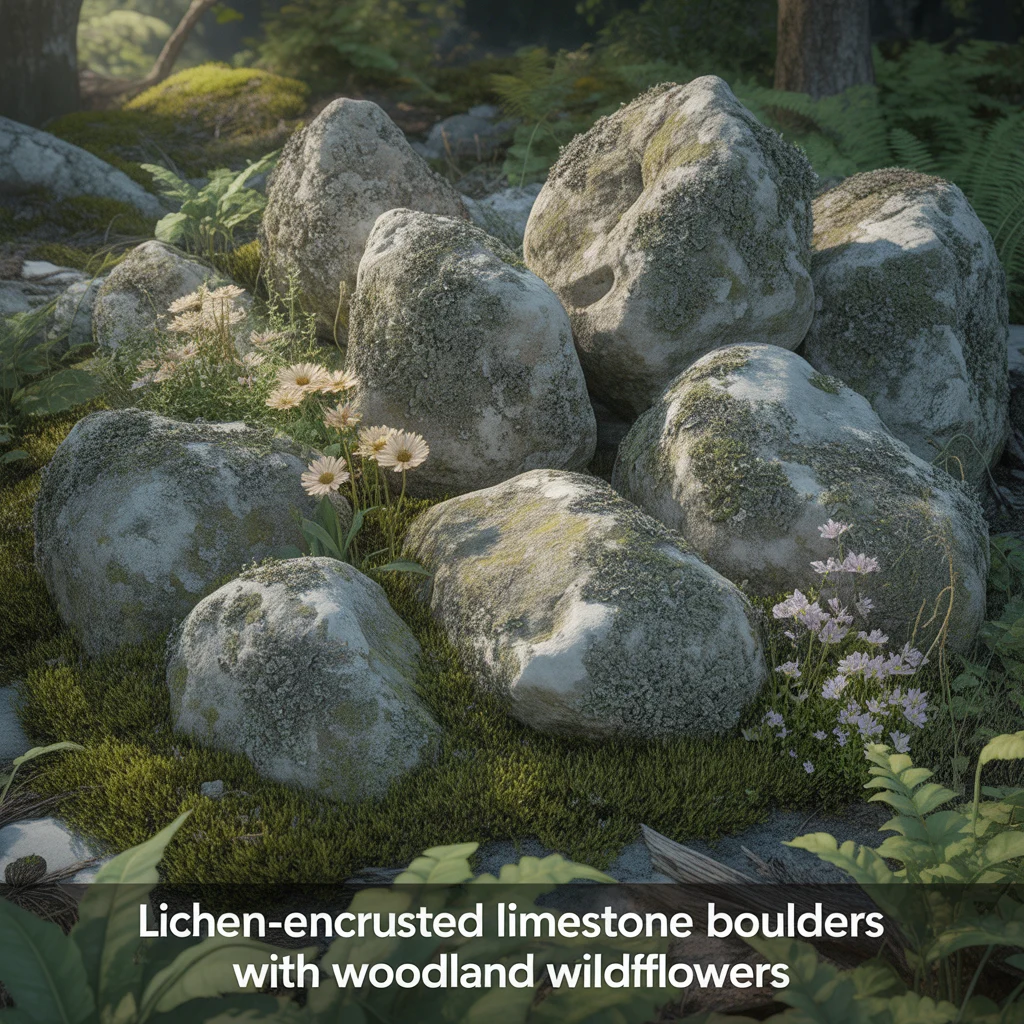 Lichen-Encrusted Limestone Boulders With Woodland Wildflowers