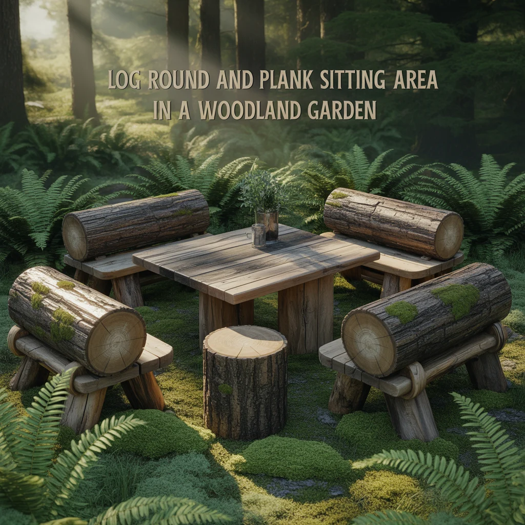Log Round and Plank Sitting Area in a Woodland Garden