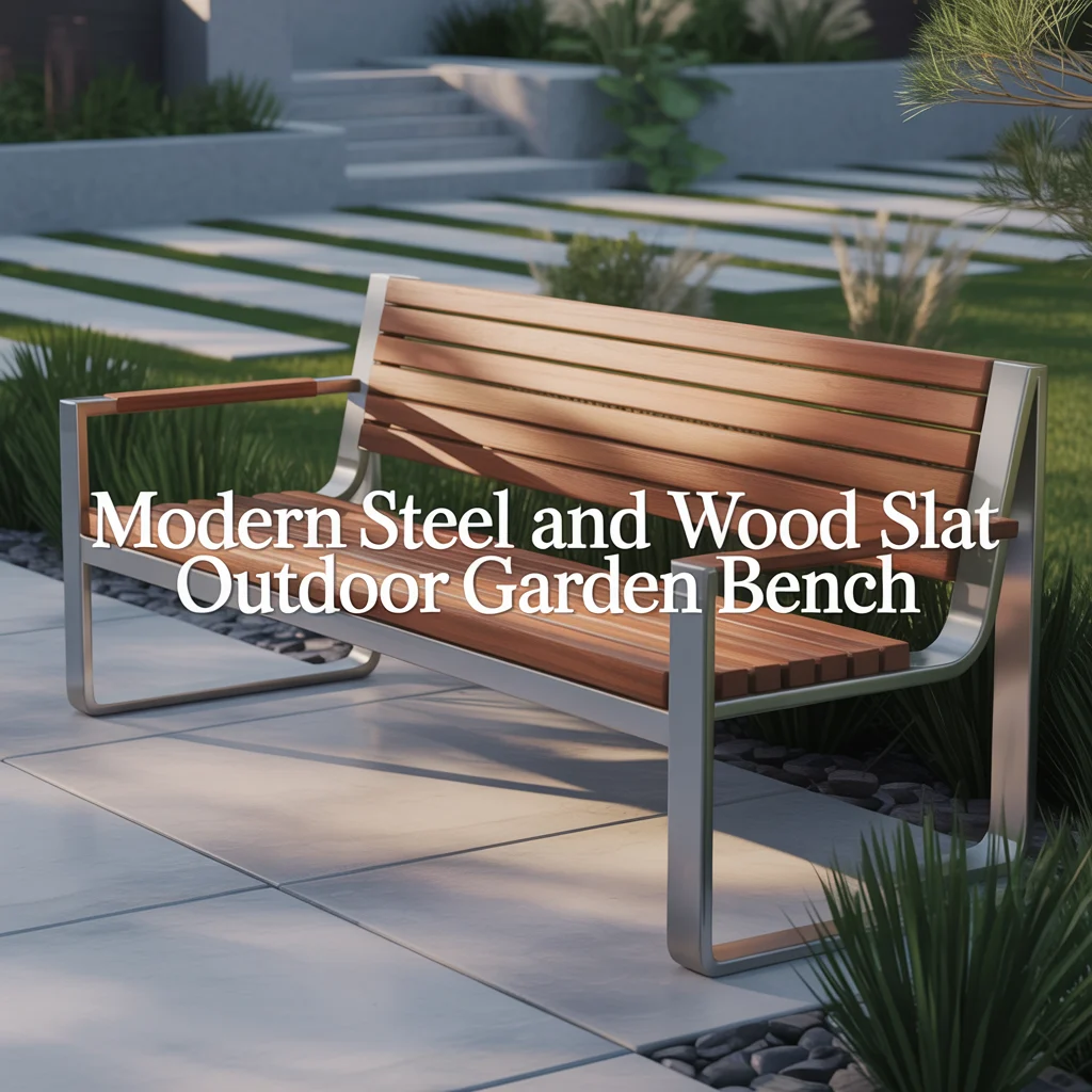 Modern Steel and Wood Slat Outdoor Garden Bench