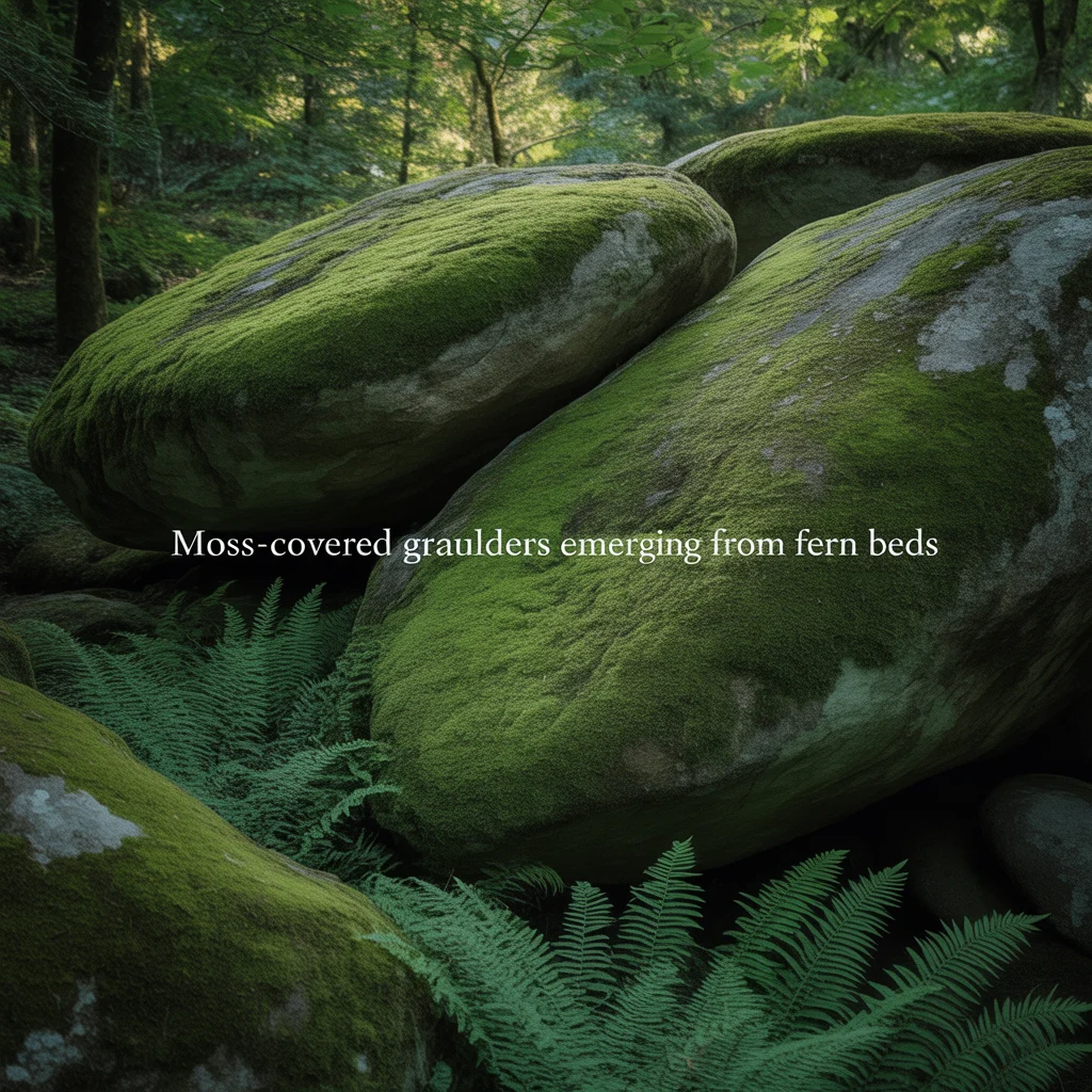 Moss-Covered Granite Boulders Emerging From Fern Beds