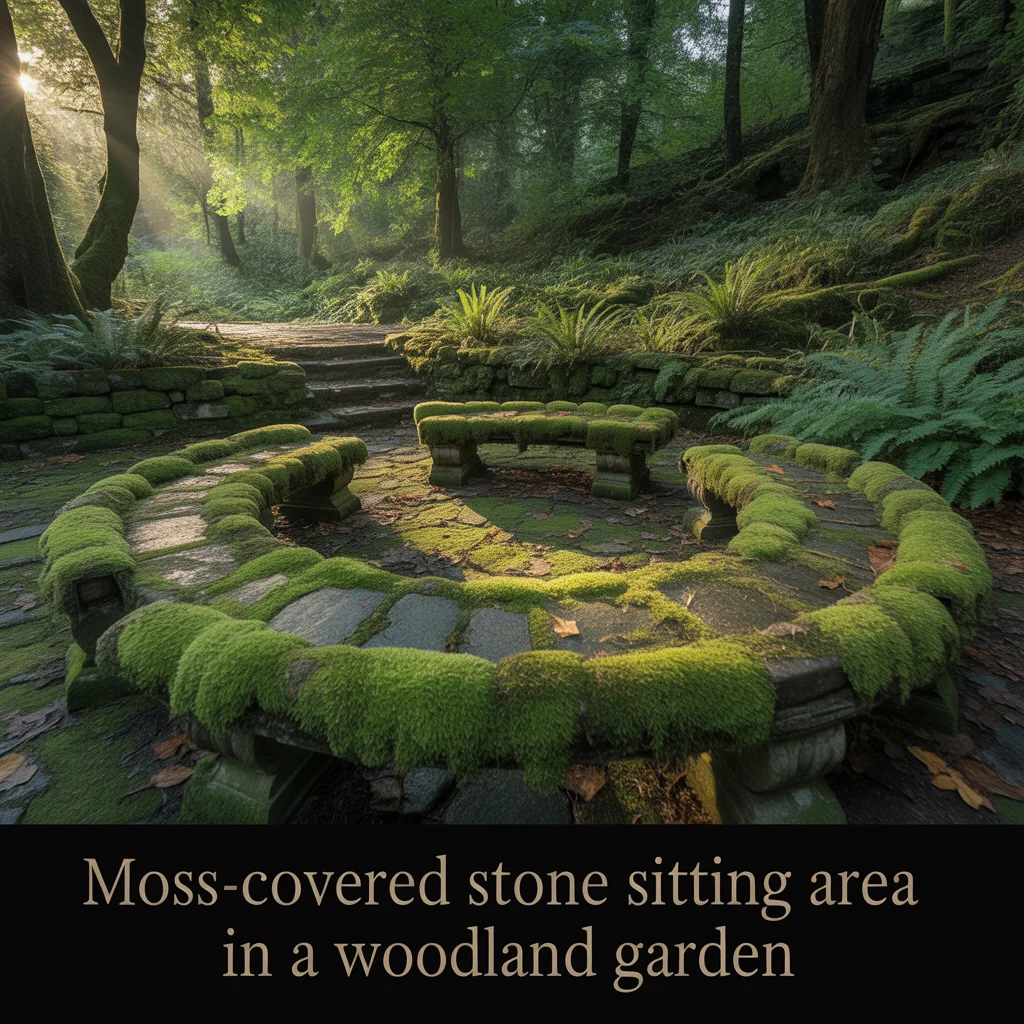 Moss-Covered Stone Sitting Area in a Woodland Garden