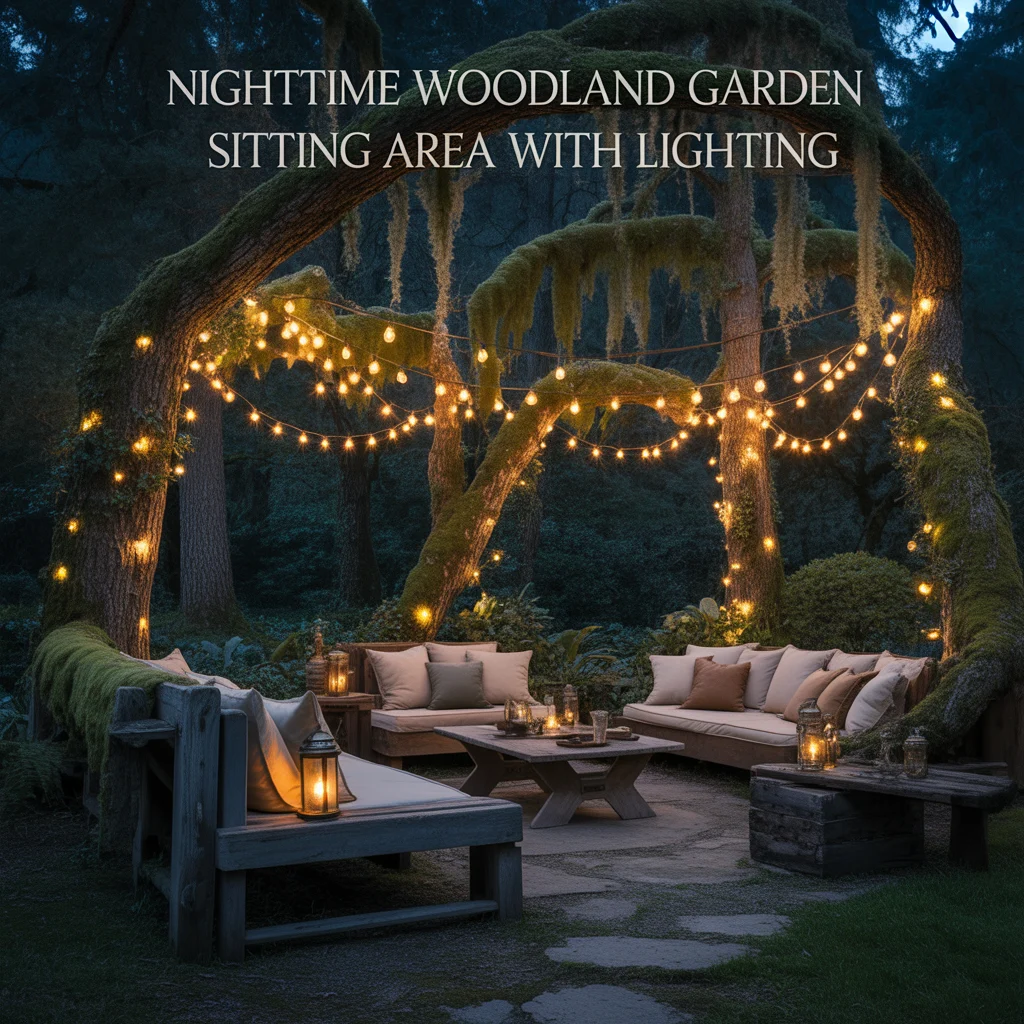 Nighttime Woodland Garden Sitting Area With Lighting