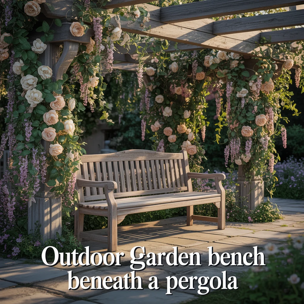 Outdoor Garden Bench Beneath a Pergola